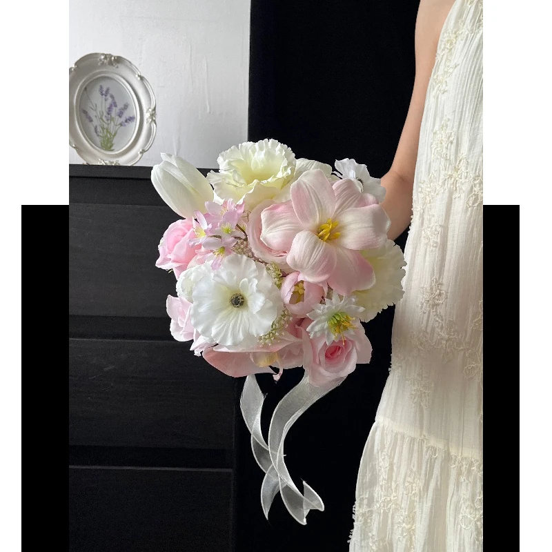 

Корейский розовый круглый букет невесты, сертификат свадьбы, помолвки, имитация цветка, подходит для спален и гостиных