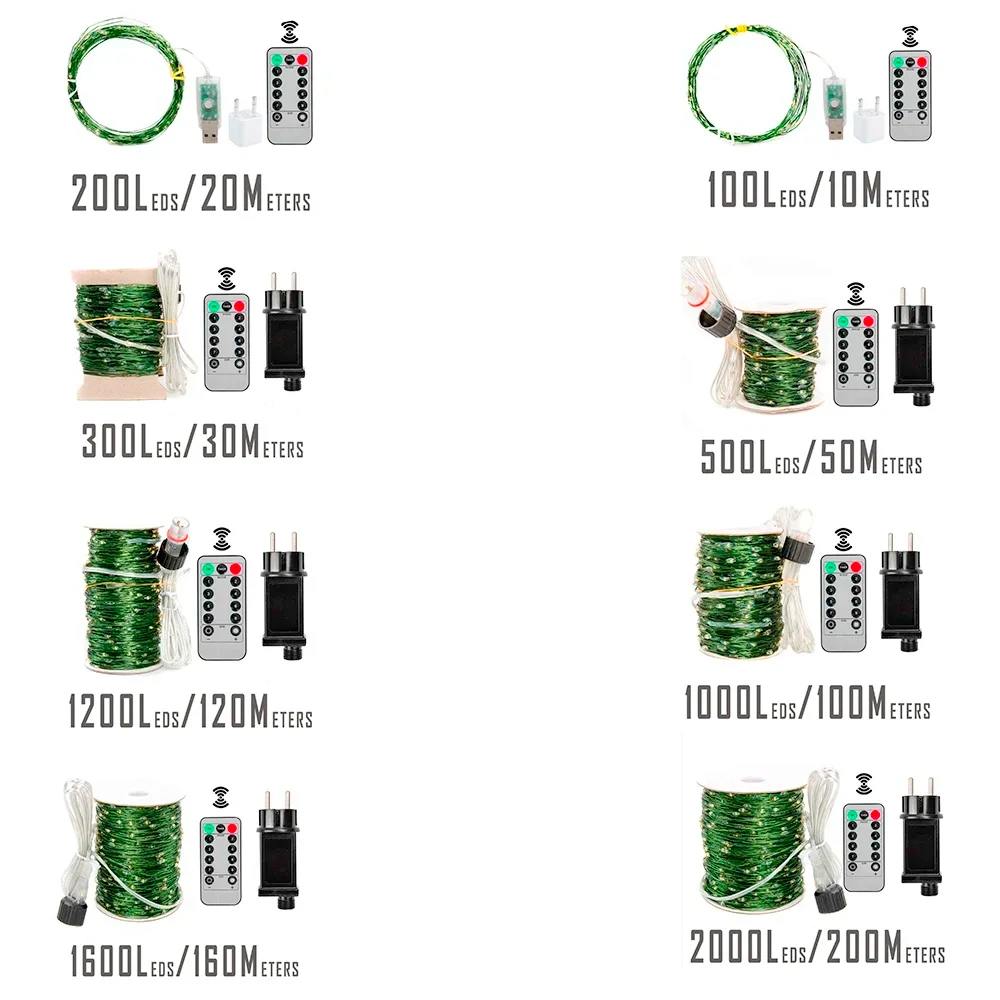 Guirlandes lumineuses dégradées, fil vert enfichable, mode 8, arbre extérieur, Noël, vacances, mariage, décoration de jardin, 2000