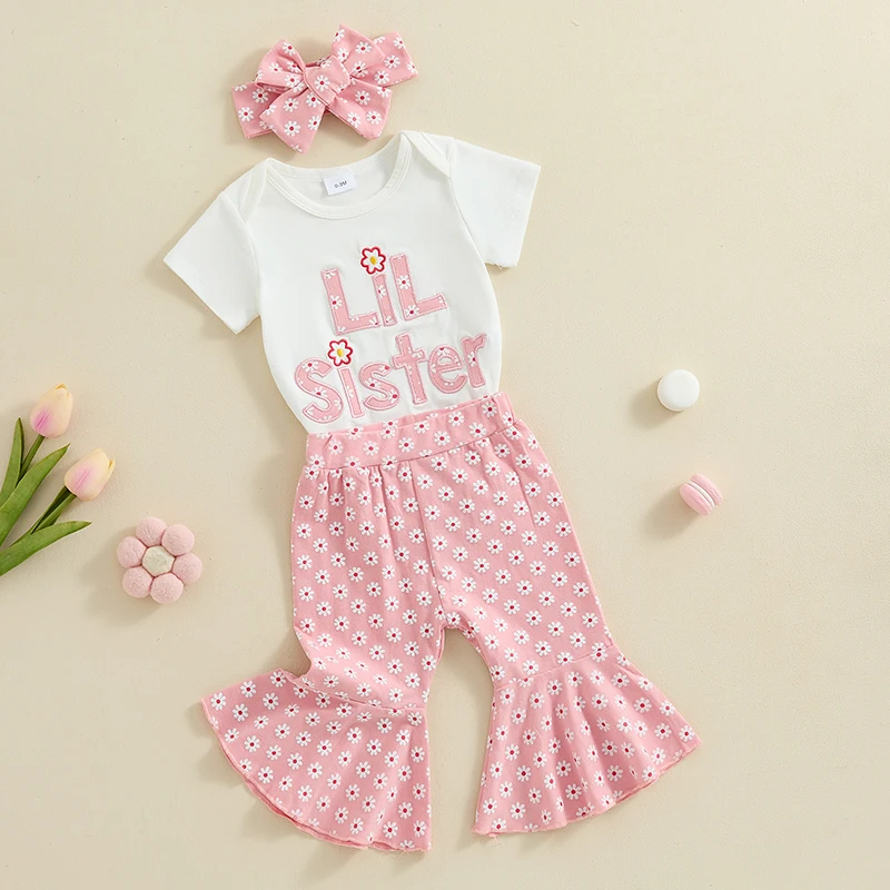 

Baby Girl Summer Set Letter Embroidery Fly Sleeve Romper with Floral Pattern Belted Shorts and Bow Headband