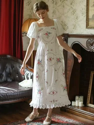 84-94cm Bust Spring Summer Women French Style Vintage Handmade Exquisite Full Embroidered White Cotton Dresses