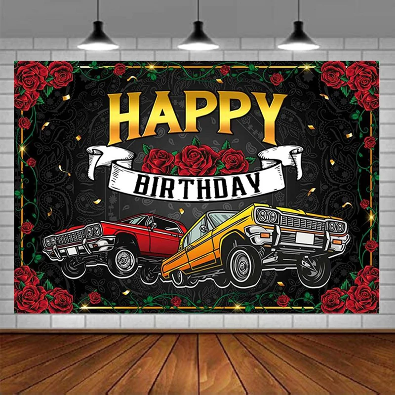 Retro Car Birthday Photography Backdrop 50's Theme Party Supplies Roses Banner Cake Table Decoration Background Photobooth Prop