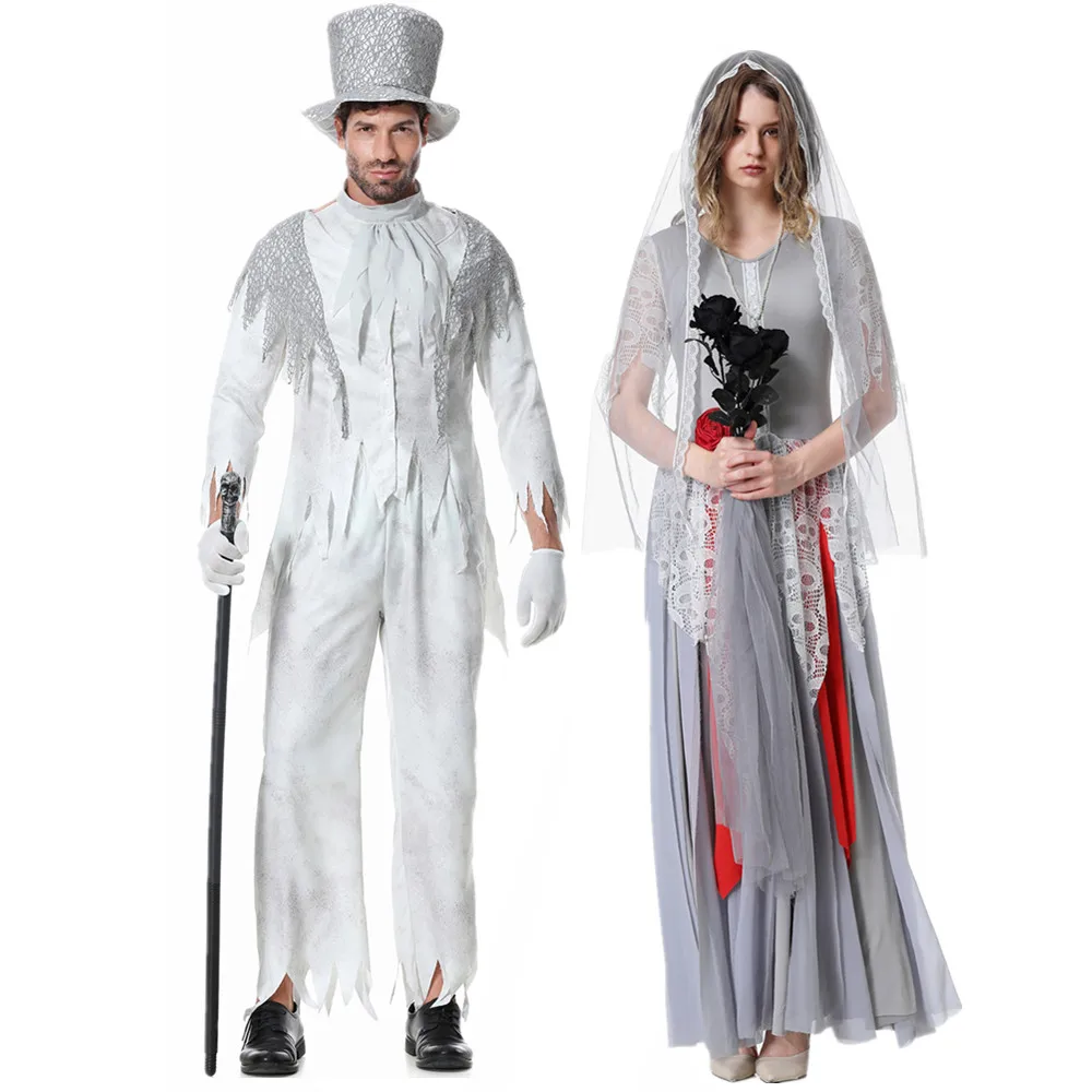 Ghost Bride and Groom Costume Cosplay Scary Zombie Costume Suit Halloween Costume for Couple Adult Carnival Party Dress Up