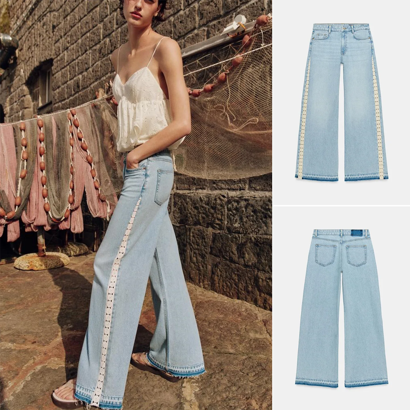 

Summer New Women's Commuter Style High Waist Wide Leg Spliced Zipper Denim Long Pants Ladies Straight Tube Polyester Fiber