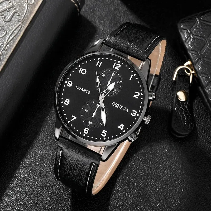 4PCS Set Fashion Mens Sports Watches Man Business Quartz Wristwatch Luxury Vintage Leather Belt Bracelet Men Casual Clock Watch