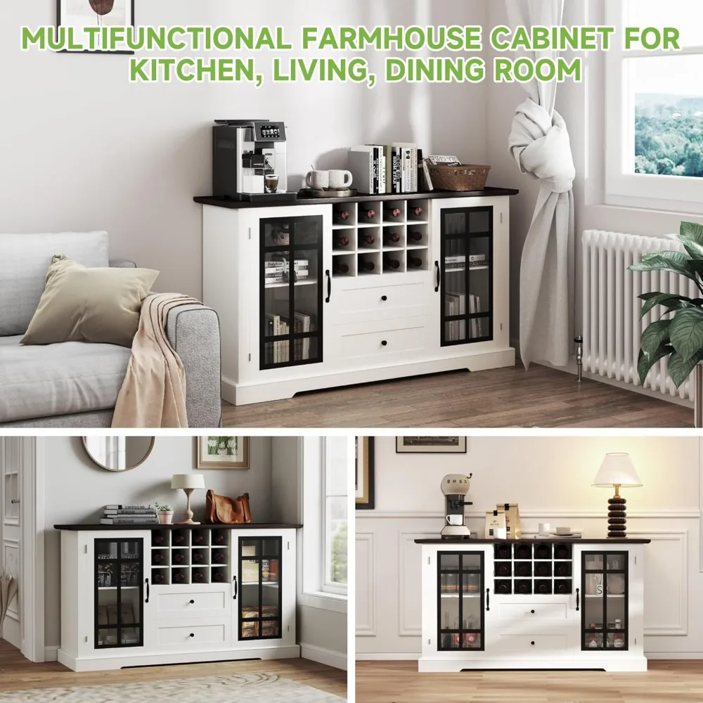 Bauernhaus-Buffetschrank mit Stauraum, großes 59-Zoll-Sideboard, Wein- und Kaffee-Barschrank mit 2 Glastüren, abnehmbares Weinregal, Bu