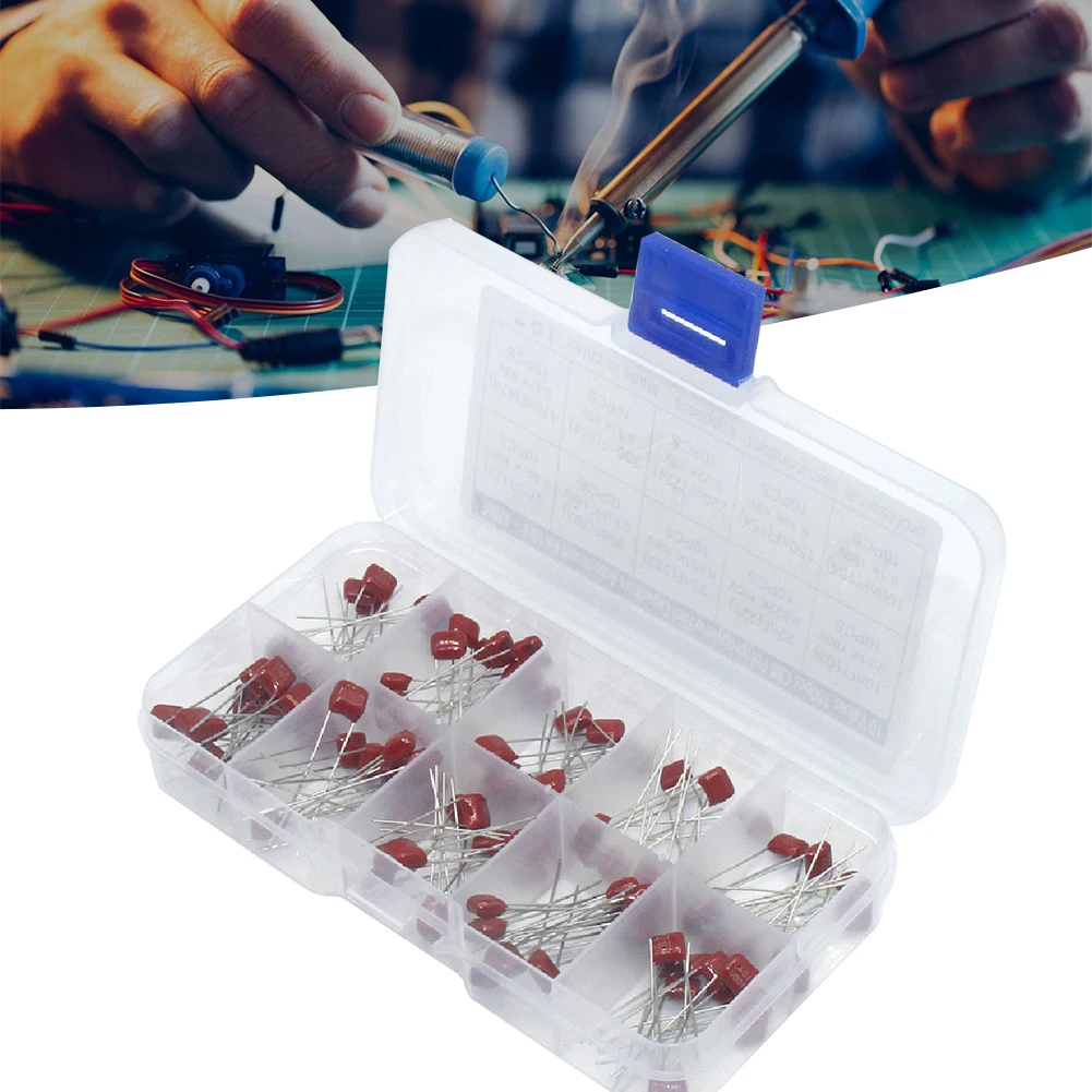 ชุดตัวเก็บประจุแบบฟิล์มโพลีเอสเตอร์เคลือบโลหะ10ค่า10nF-470nF ชุดตัวเก็บประจุแบบฟิล์มโพลีโพรพิลีน CBB 100ชิ้น