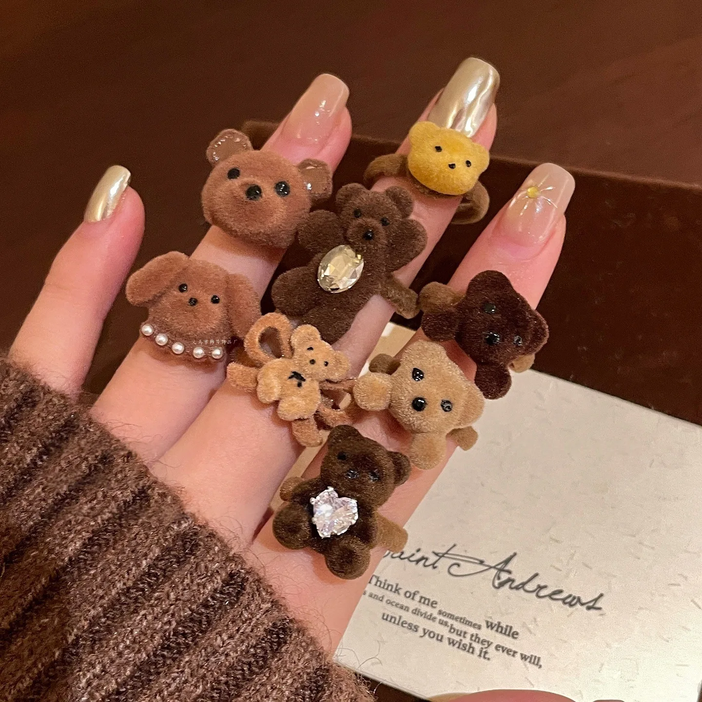 Bonito anillo abierto de oso marrón, anillo de dedo apilable a la moda para mujer, anillo de índice de otoño e invierno, Material mixto de moda con personalidad