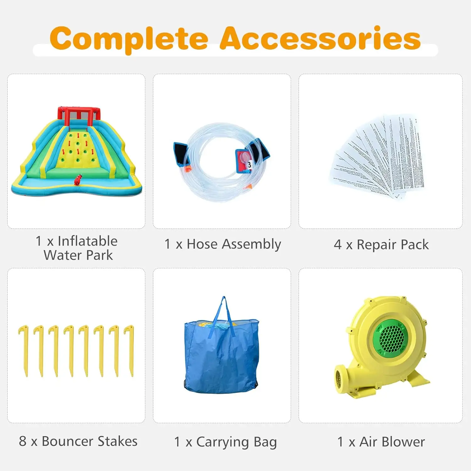팽창식 워터 슬라이드, 750w 송풍기, 자이언트 키즈 워터 파크, 긴 슬라이드 2 개, 등반 벽, 워터 호스 및 캐논 포함