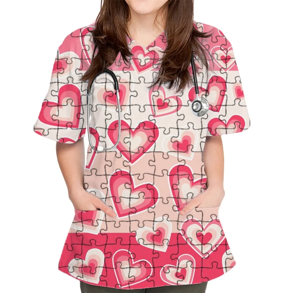 Scrubs Medical Uniforms Woman Elegant Heart Print Clinical Uniform V-Neck Patch Pocket Short Sleeve Top Women's Medical Uniforms