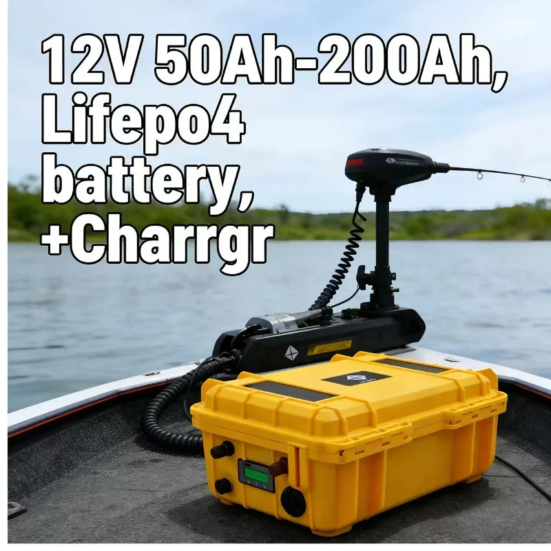 

12V 50Ah‑200Ah Deep Cycle LiFePO4 Battery with Charger, Marine Waterproof, Built‑in BMS, Ideal for Trolling Motor, Fishing Boa