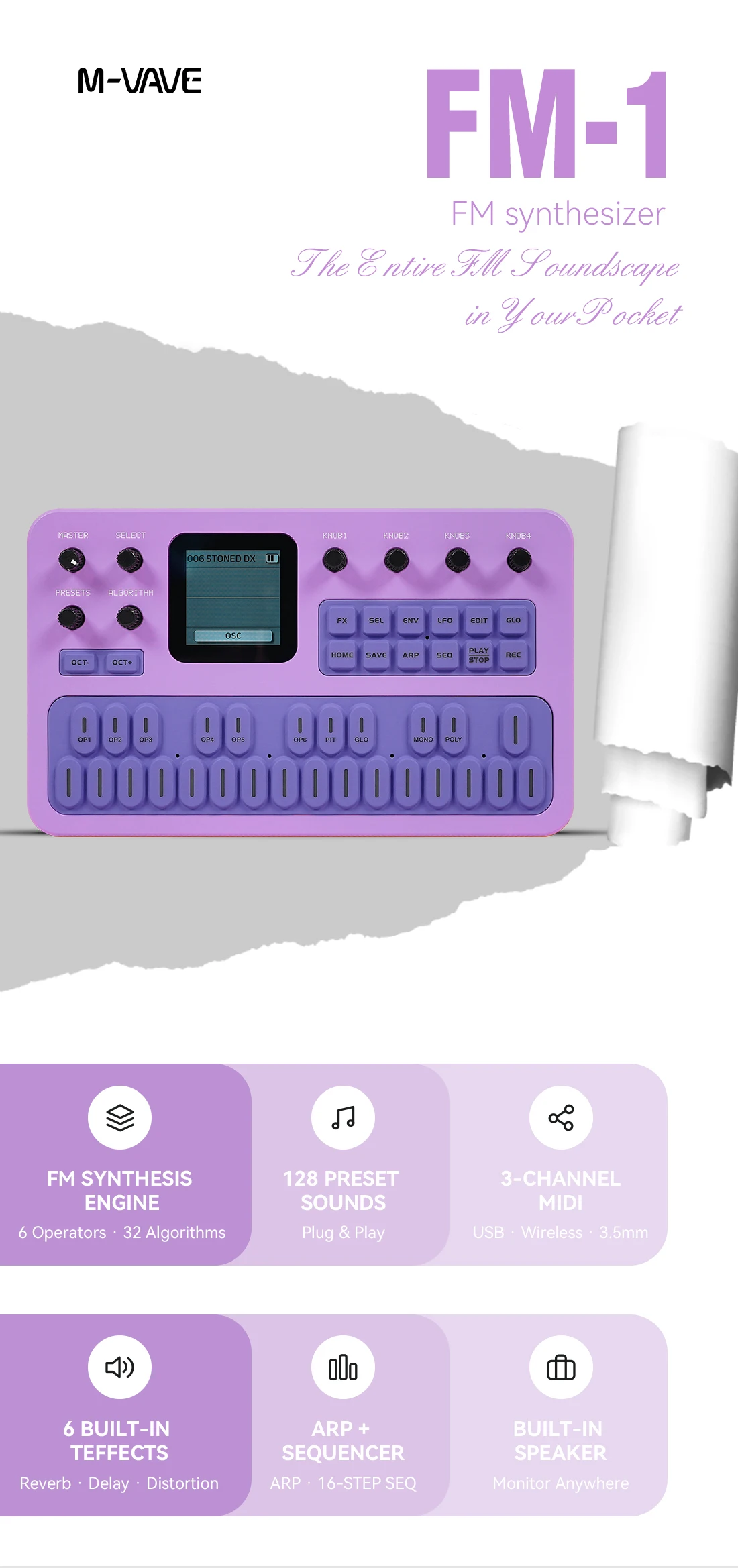 M-VAVE FM-1(SK15) Purple FM Synthesis Keyboard – 6 Operators, 32 Algorithms, Reverb/Delay/Distortion, 16-Step Sequencer, MIDI