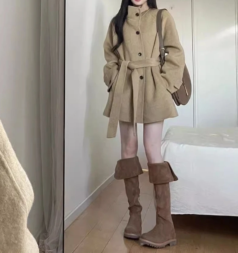 Woolen Coat Women's 2026 Autumn and Winter Clothing New Lace-up Medium and Long Woolen Coat