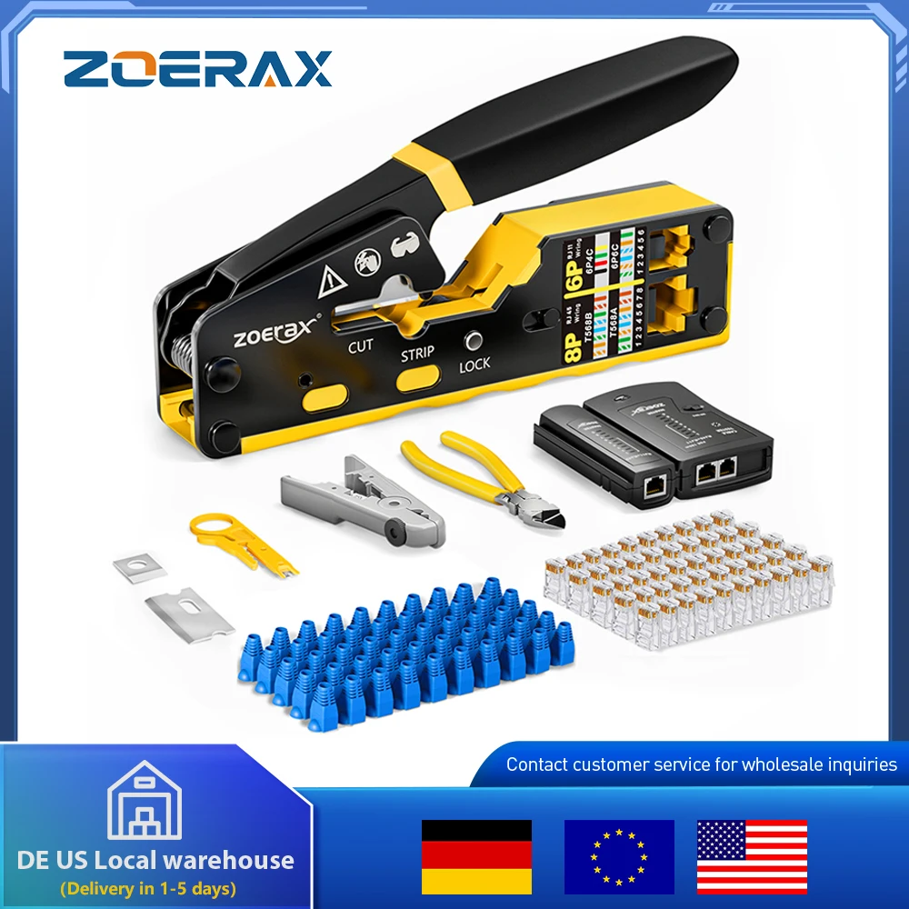 

ZoeRax 8 in 1 RJ45 CAT6 CAT5E Crimp Tool Kit,Crimp tool,Cable Tester,Wire Cutter and Stripper,Blade,50PCS Connectors and Boots