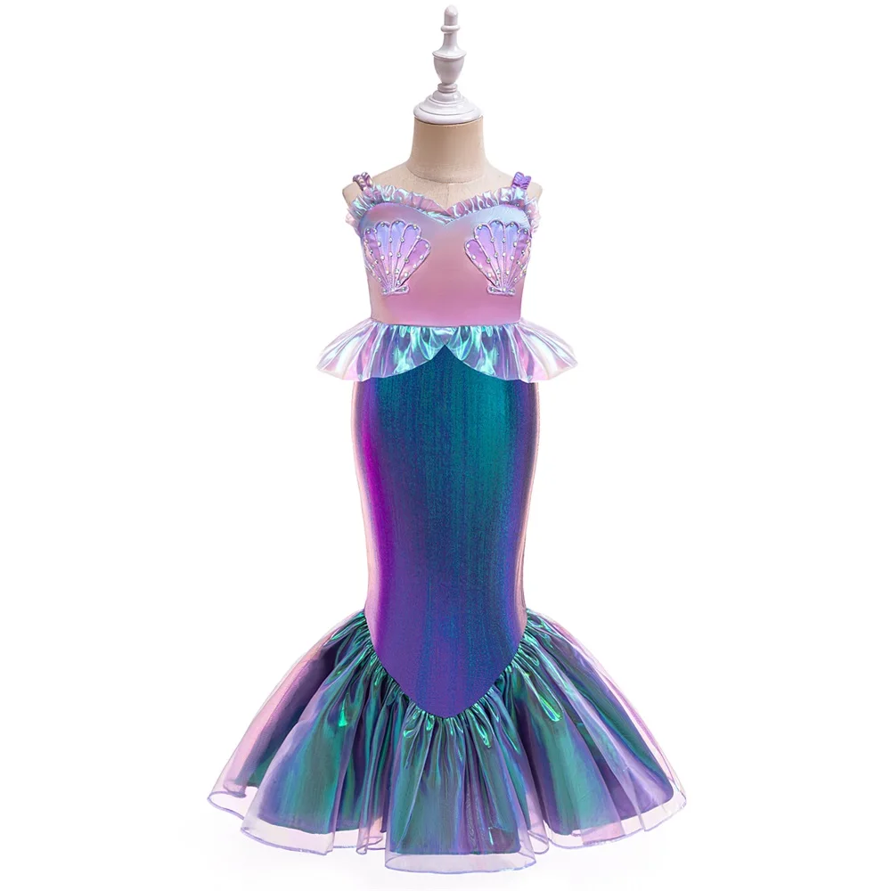 Little Girl Mermaid Ariel Princess Gown Beading Cosplay Dresses Kids Purple Shining Party Dress Young Girls Trumpet New Clothing