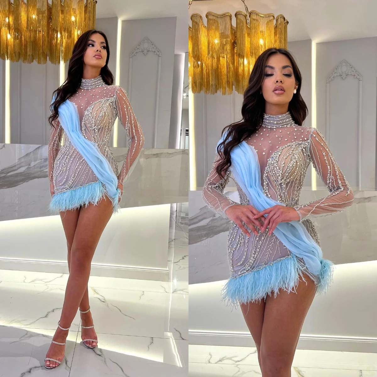 

Sexy Sky Blue Feathers Mini Cocktail Dresses Illusion Beading Prom Dress Custom Made Long Sleeves Club Wear