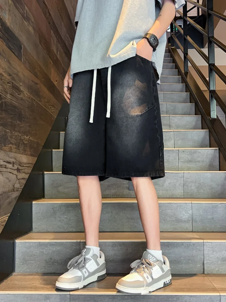 

Summer 2024 New Men's Denim orts Casual Loose Straight Leg Waed Vintage Five-Point Pants Teenage Faion Lightweight Jeans