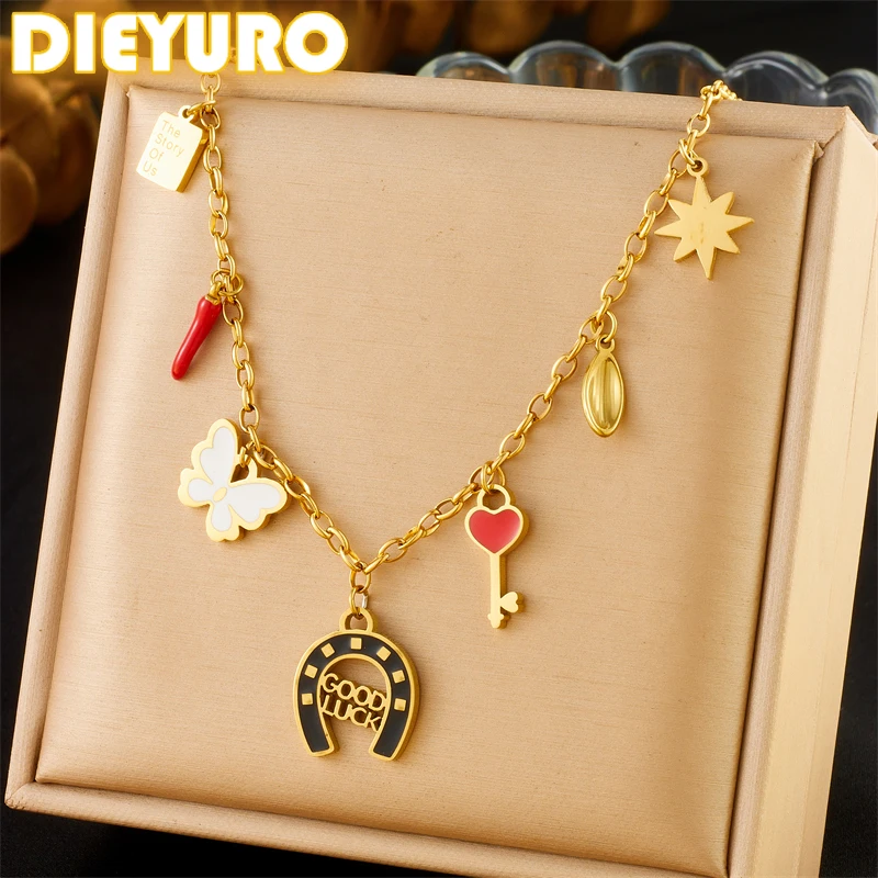 DIEYURO 316L Rvs Druipende Olie Liefde Sleutel Vlinder Achthoekige Ster Ketting Nieuwe Trend GOOD LUCK Hals Sieraden Gift Party