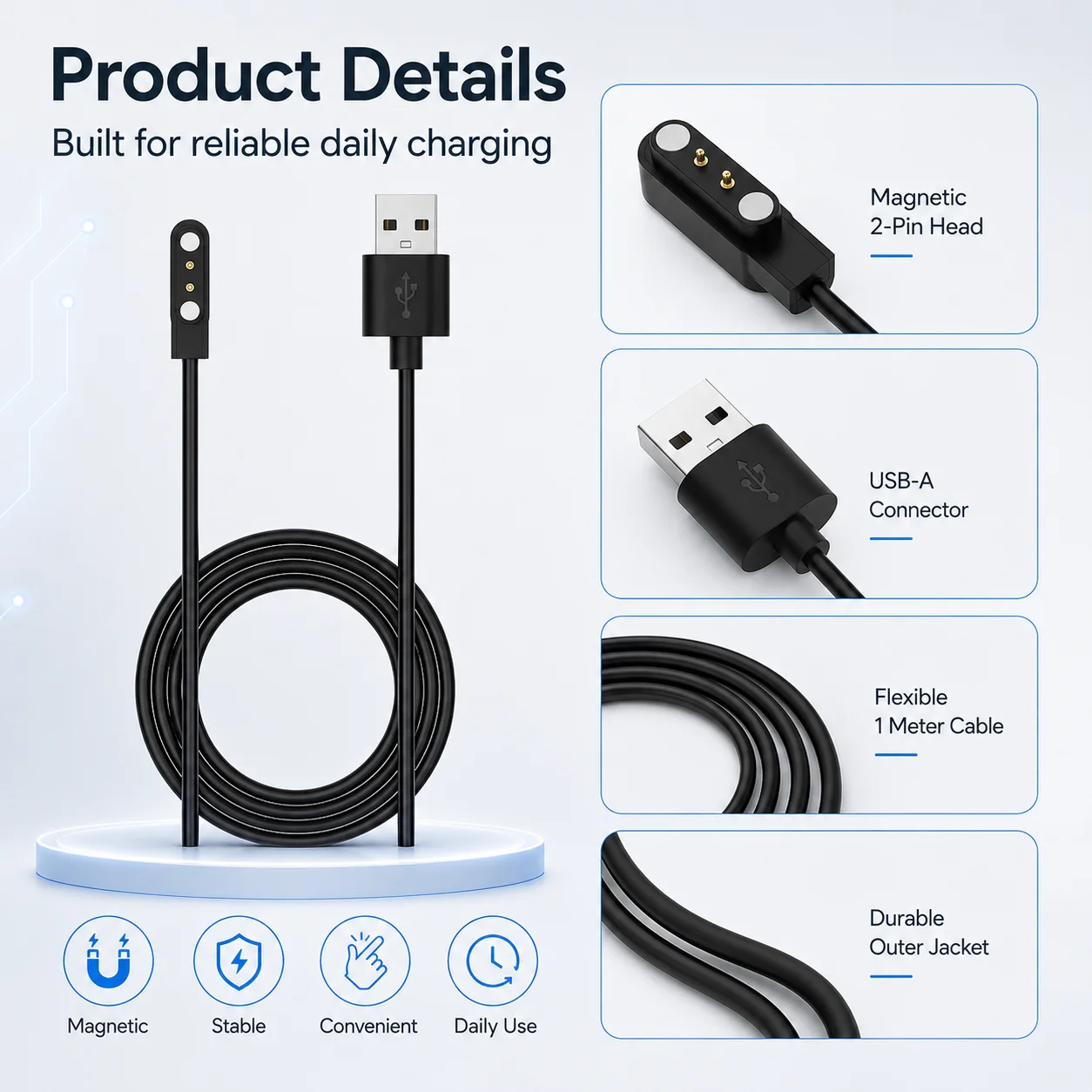 Magnetic Charging Cable for Realme Watch 5 2-Pin USB Charger 1M Replacement Smartwatch Charging Cord Magnetic Watch Charger
