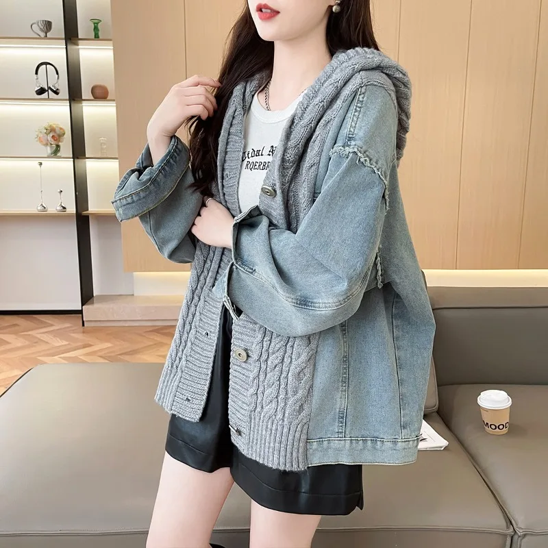 

Fashion Denim Splicing Knitted Cardigan Coat Women's Hooded Jacket Autumn Winter Loose Twist Sweater Casual Thicken Outerwear