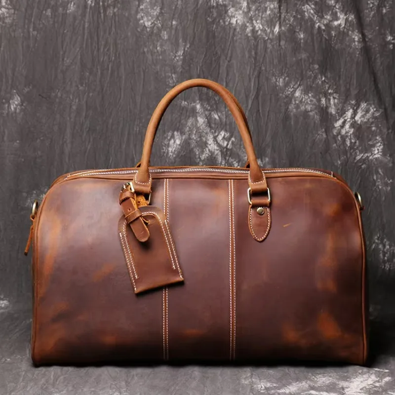 Crazy Horse Leather Travel Duffel Bag with Zip Closure Adjustable Strap Unisex for Overnight Weekend Gym Use