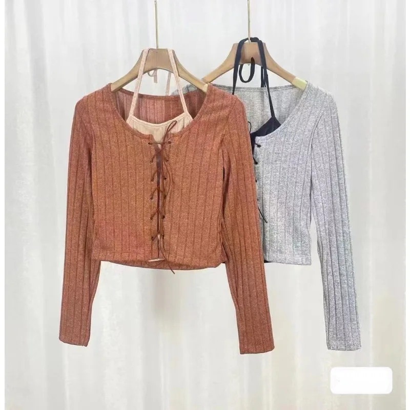 Spring Autumn New Solid Color V-neck Long Sleeve T-Shirts Women High Street Slim Lacing Pullovers Chic Edible Tree Fungus Tops