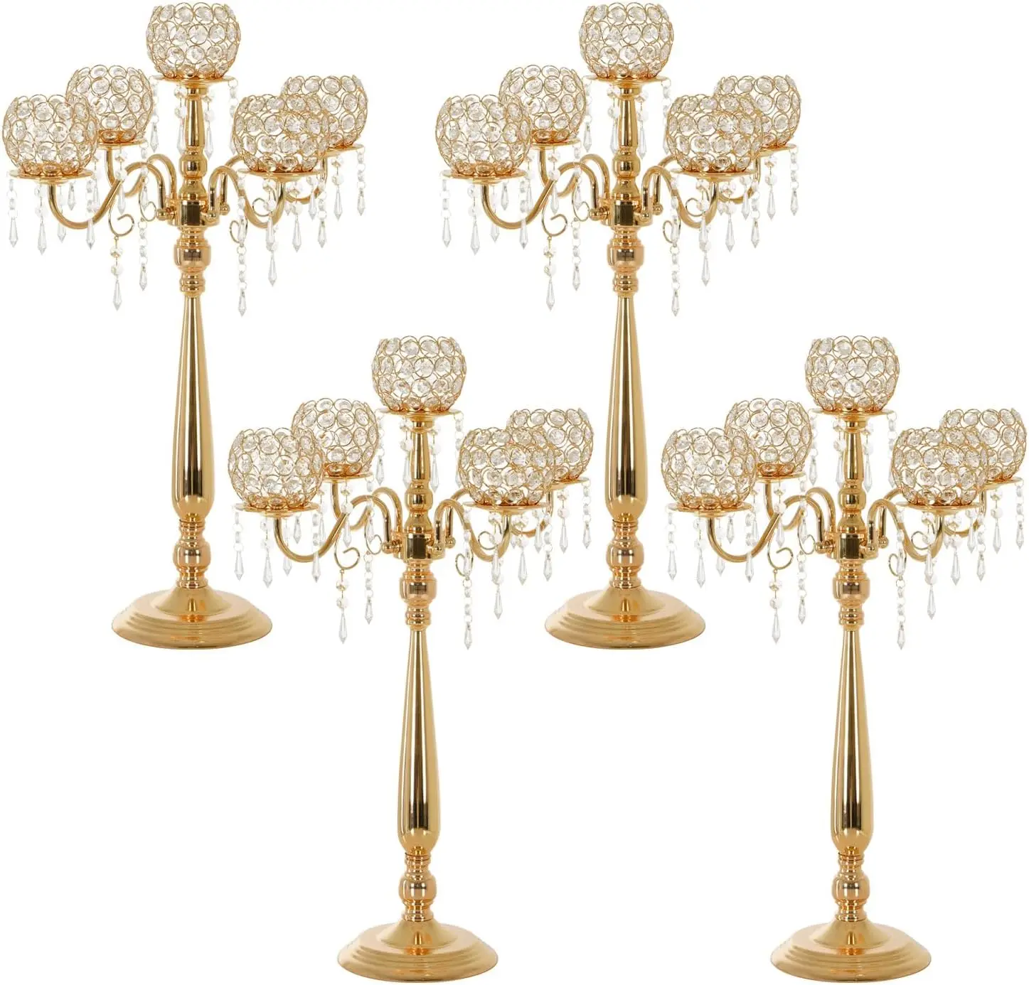 Gold Floor Candelabra  5-Arm Set of 4 Crystal Candle Holder Beaded Chandelier Wedding Centerpiece Anniversary Party Palace Theme Table Decoration