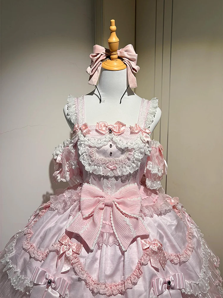 スイートロリータスタイル ピンクプリンセスドレス JSK レディース 2025 夏新作 ガールズ ウーマン エレガント レース 誕生日ドレス フラワー ウェディングドレス