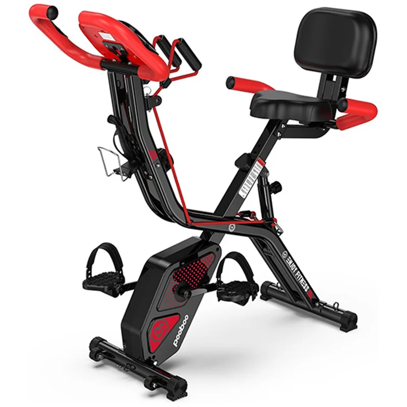 Pooboo Foldable Upright Stationary Bike, Indoor Cycling Magnetic X-Bike with 8-Level Adjustable Resistance, 6.6 LBS Flywheel, 300LB Capacity, Back Support Cushion for Home Gym