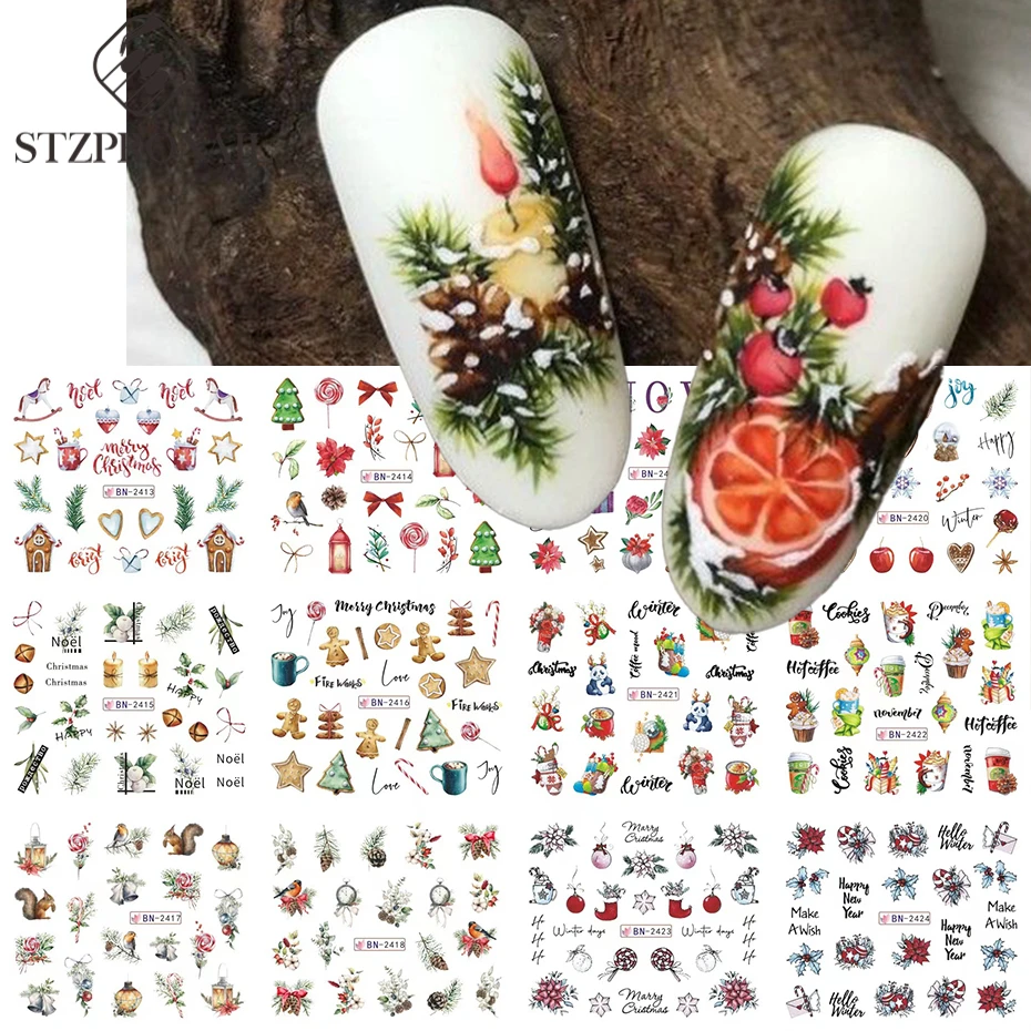 12pcs Holly Tree Nails Stickers Winter Greenery Elk Festive Christmas Nail Design Drinking Gingerbread Decor Water Sliders SLBN