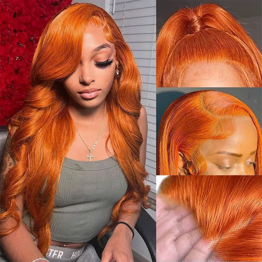 Pelucas frontales de encaje de color naranja y jengibre, cabello humano ondulado, 13x6, HD, onda suelta, brasileño, transparente