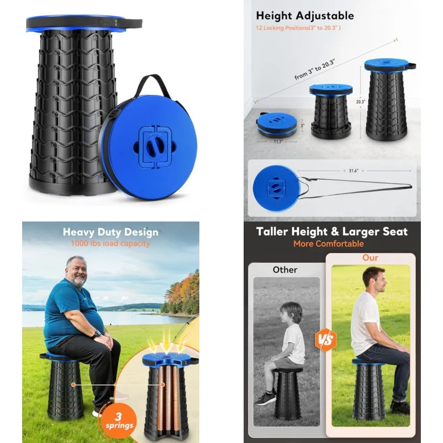 

Portable Heavy Duty Collapsible Stool - Wide Seat, Extra Tall and Height Adjustable Stool - Retractable Folding Chair for Campi
