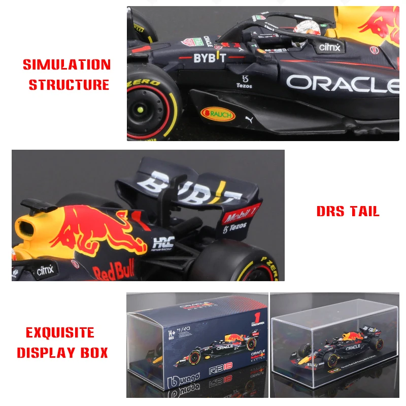 Bburago Capacete do motorista carro modelo, 1:43 Diecast Liga, Red Bull RB18 #1 Max Verstappen #11, Fórmula F1 Corrida estática, Versão 2022