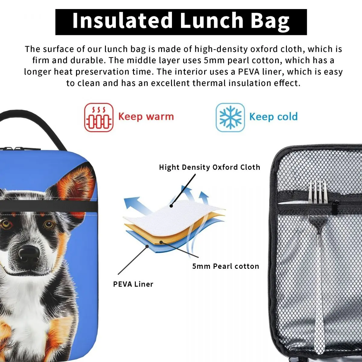 Cute Australian Cattle Dog Puppy Insulated Lunch Bag for Women Children Portable Food Boxes Thermal Lunch Box Tote