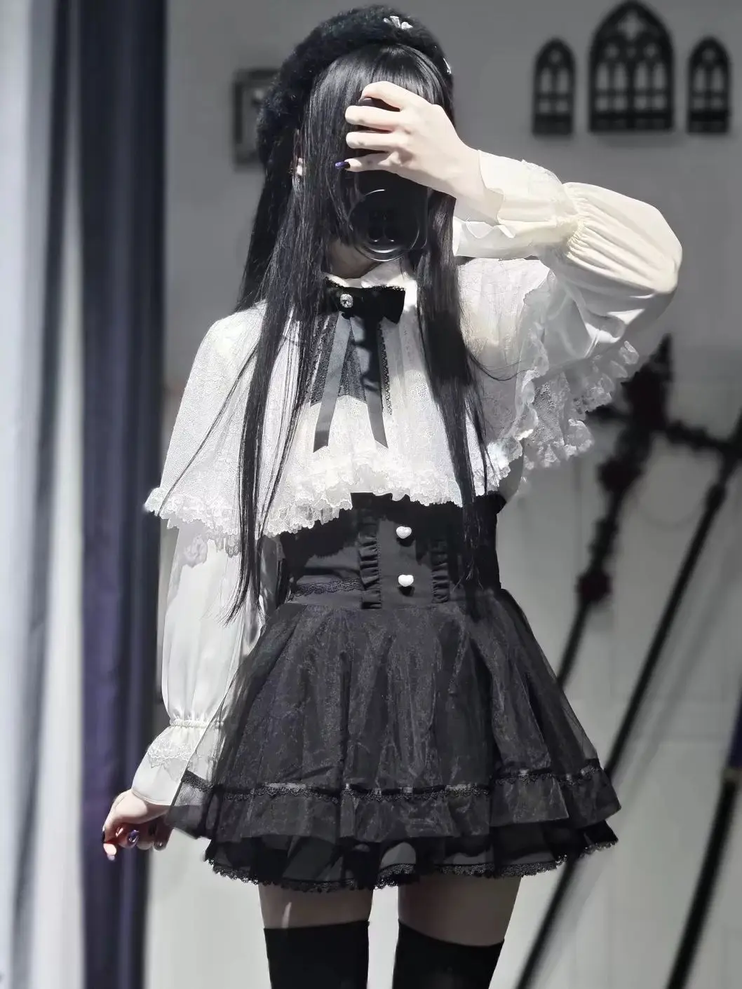 kawaii Subculture Jirai Kei Lolita Mine Style Lace Cape Shirt Japanese Mass-produced Sweet High-waist A-line Mini Skirt