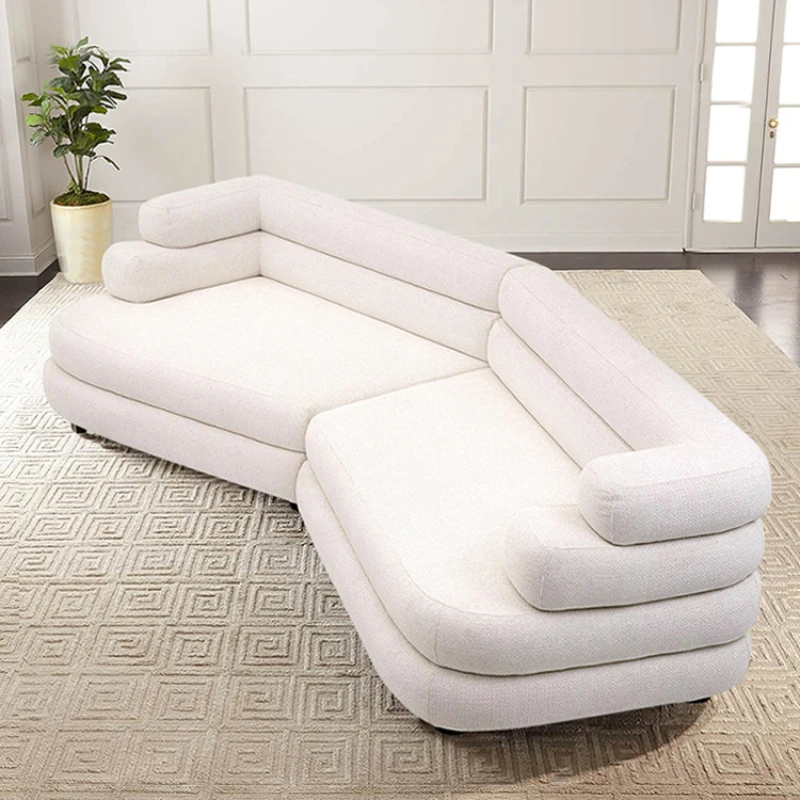 

Italian minimalist cream style living room with large unit size, lamb velvet white fabric module, arc shaped corner sofa