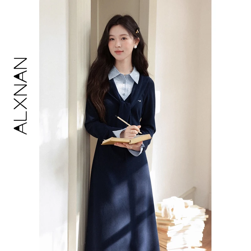 ALXNAN Women's Striped Shirt Dress Long Sleeve Belted French Style Midi Fall Elegant Casual Party Dresses Female Clothing L59029