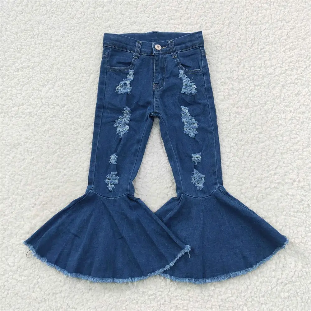 

Wholesale Kids Infant Pocket Blue Ripped Denim Children Jeans Toddler Zipper Bell Bottom Pants Baby Girl Trousers Clothing