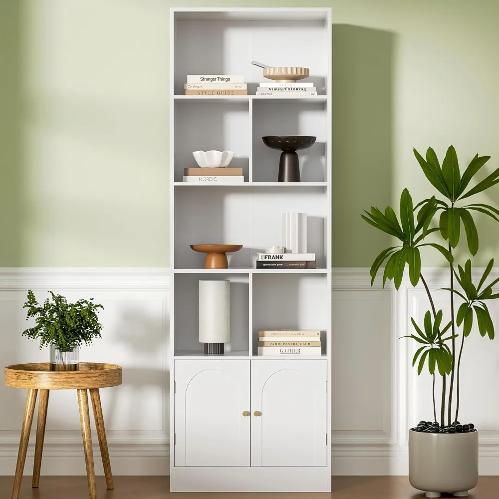 

71" Tall Bookshelf with 6 Cubes and 2 Doors, 4-Tier Bookshelf, Open Shelf Bookcase with Cabinet, Modern Cube Storage Organizer