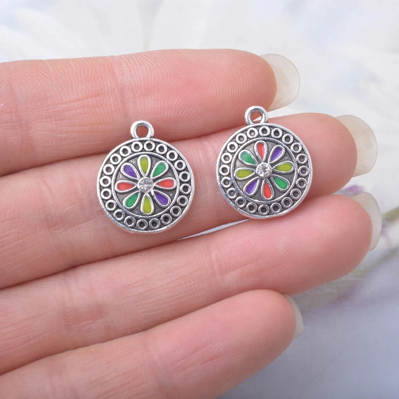 12 Stück/Set Antike Silberfarbene Sonnenblumen-Emaille Kleine Damen-Anhänger Legierung Ohranhänger DIY Bohemian-Stil Schmuck Ohrring-Komponenten – Detail 8