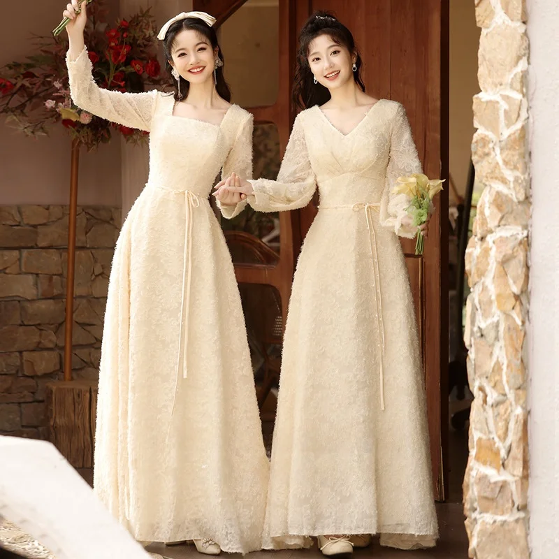 

Champagne Color Maids Dr 2024 New Luxury Simple High-End Feelings Long Sve Wedding Dr Gown for Bridesmaid Sisters