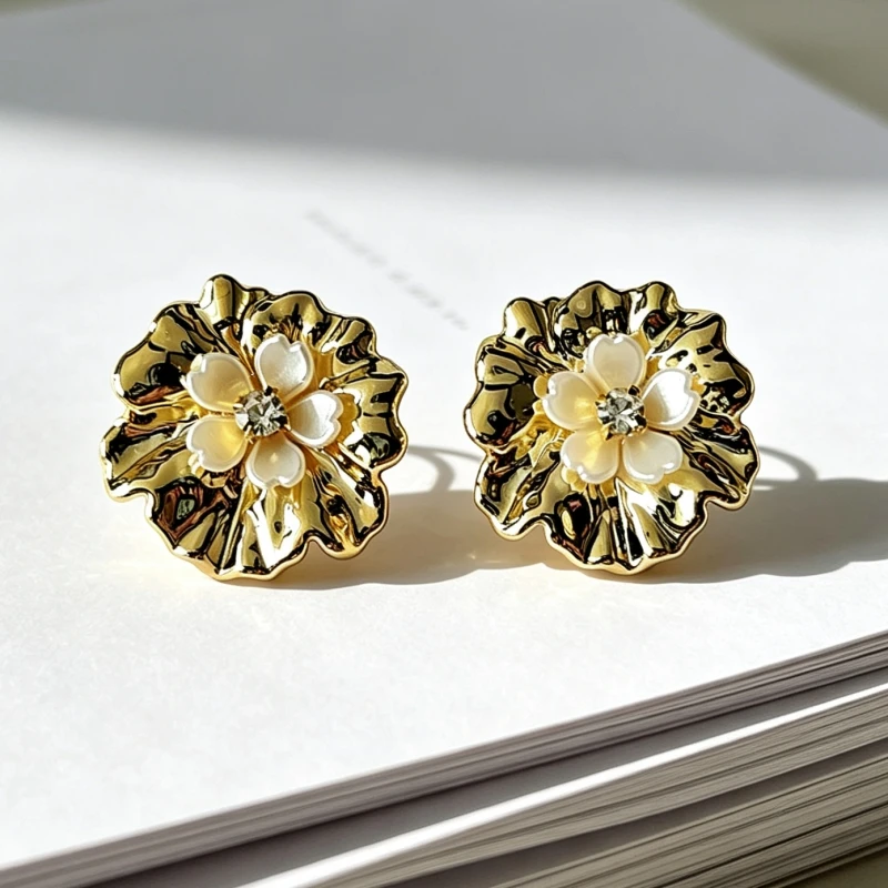 New Chic Flower Stud Earrings for Women Gold Color Metal Petals Elegant Crystal Luxury Wedding Ear Jewelry Bohemian Ear Decor