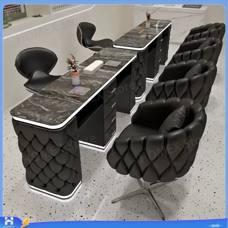 Solid Wood Cream Style Manicure Table and Chair Set Steel Tempered Glass Top with Vacuum Cleaner Socket Nail Salon Furniture