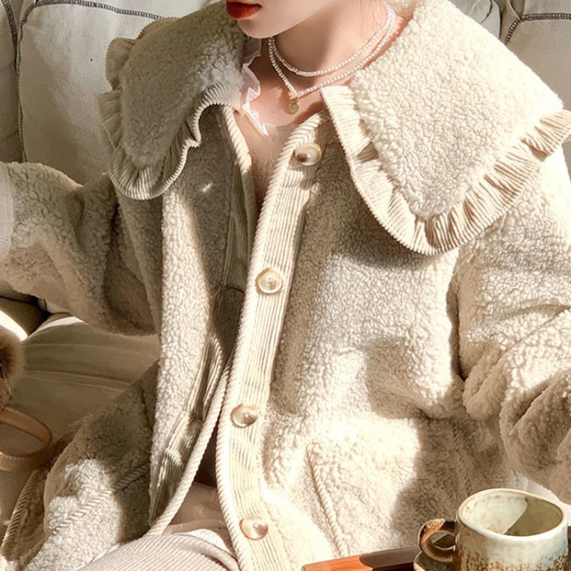 Jackets Women Velvet Winter Lovely Peter Pan Collar Loose Gentle Ruffles Girlish Chic Aesthetic Outerwear Thick Vintage Harajuku