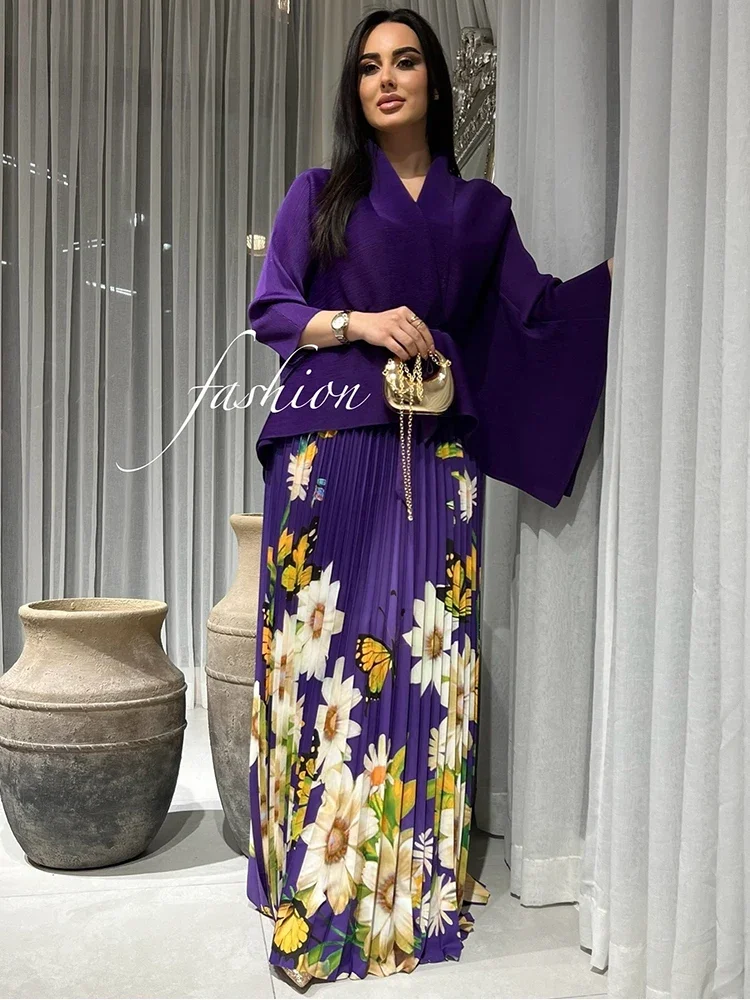 

2025 New Pleated Folds Skirt Suit Batwing Sleeve Top + A-line Long Skirt Two Piece Sets Plus Size Female Clothing