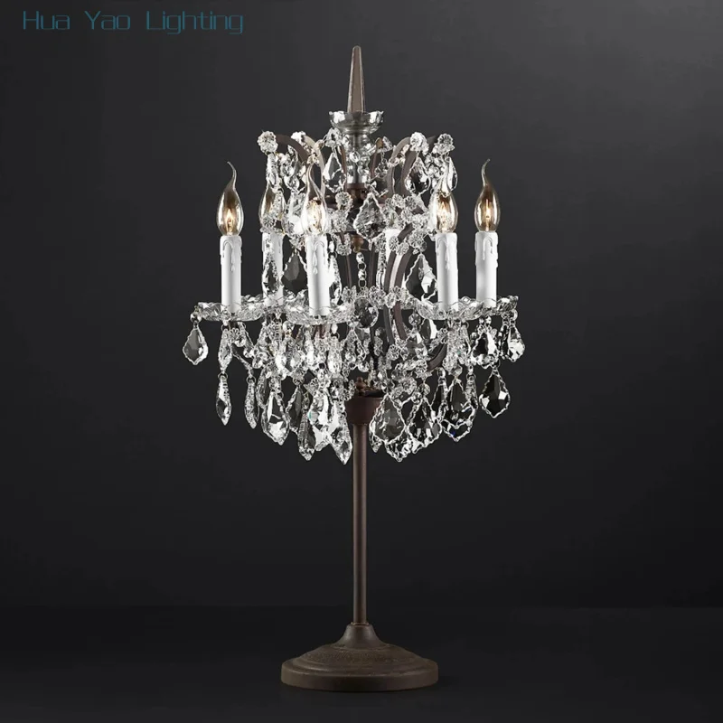 

19th C. Rococo Iron & Crystal Table Lamp Traditional Rustic Desk Lamp 6-Light Clear Smoke Crystal Standing Lamp for Living Room