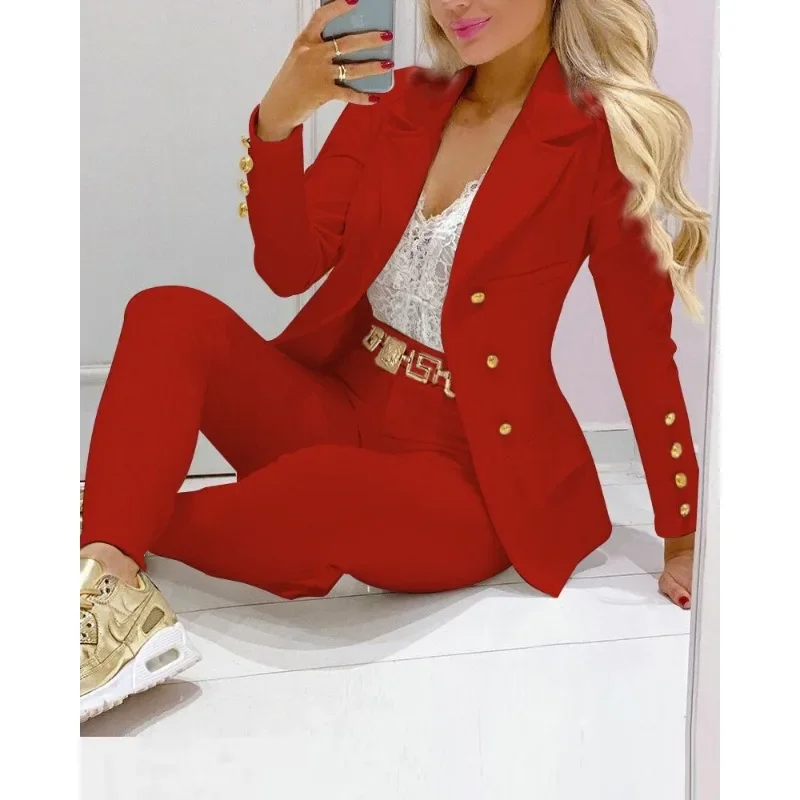 2024 Women Two Piece Clothes Set Spring Summer Solid Color Cardigan Single-Breasted French Casual Suit Jacket Skinny Pants