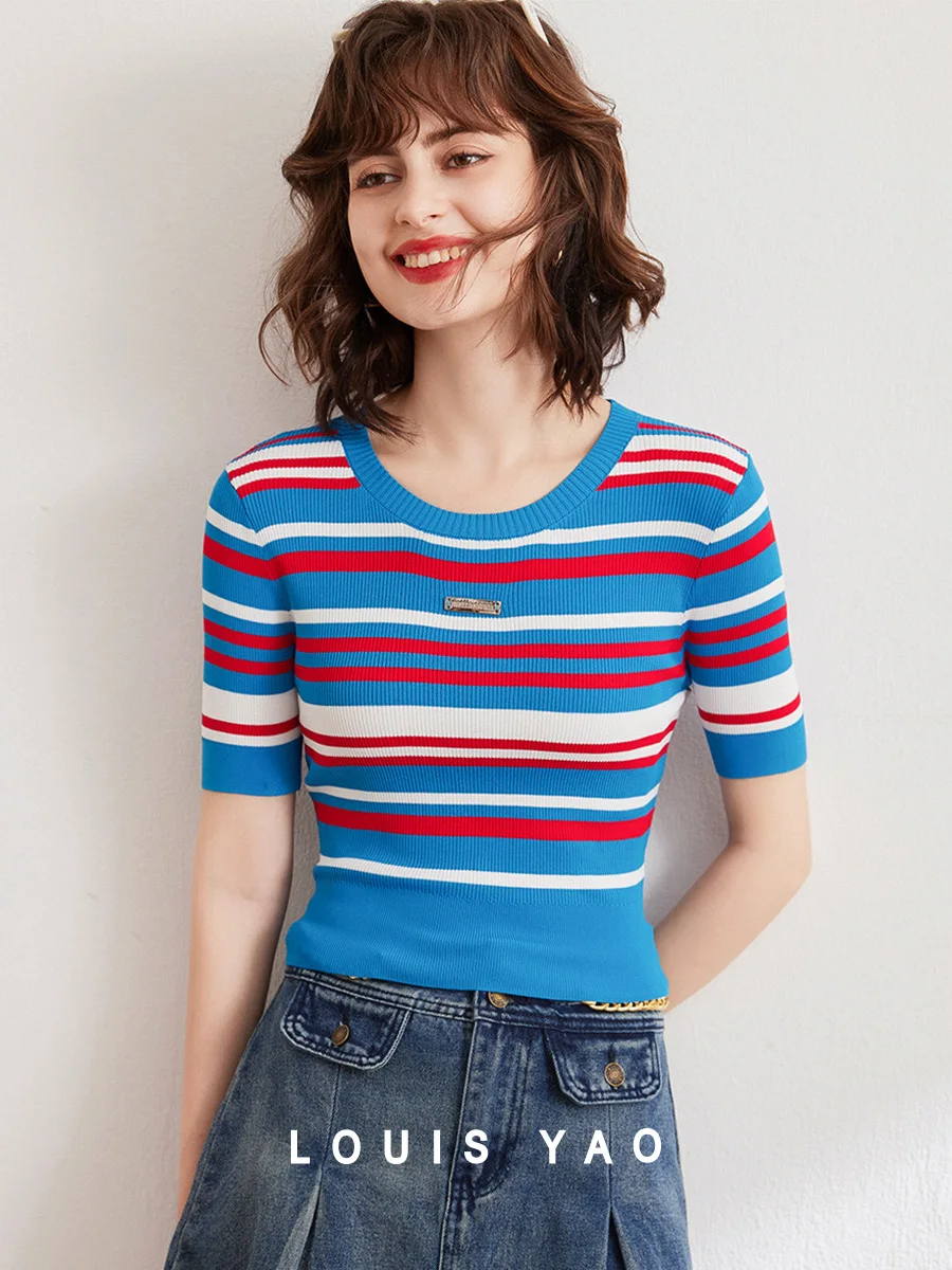 

LOUIS YAO 2025 Summer Contrast Striped Top British Style Round Neck Slim Fit Versatile Short Sleeve Women's Knitted Shirt