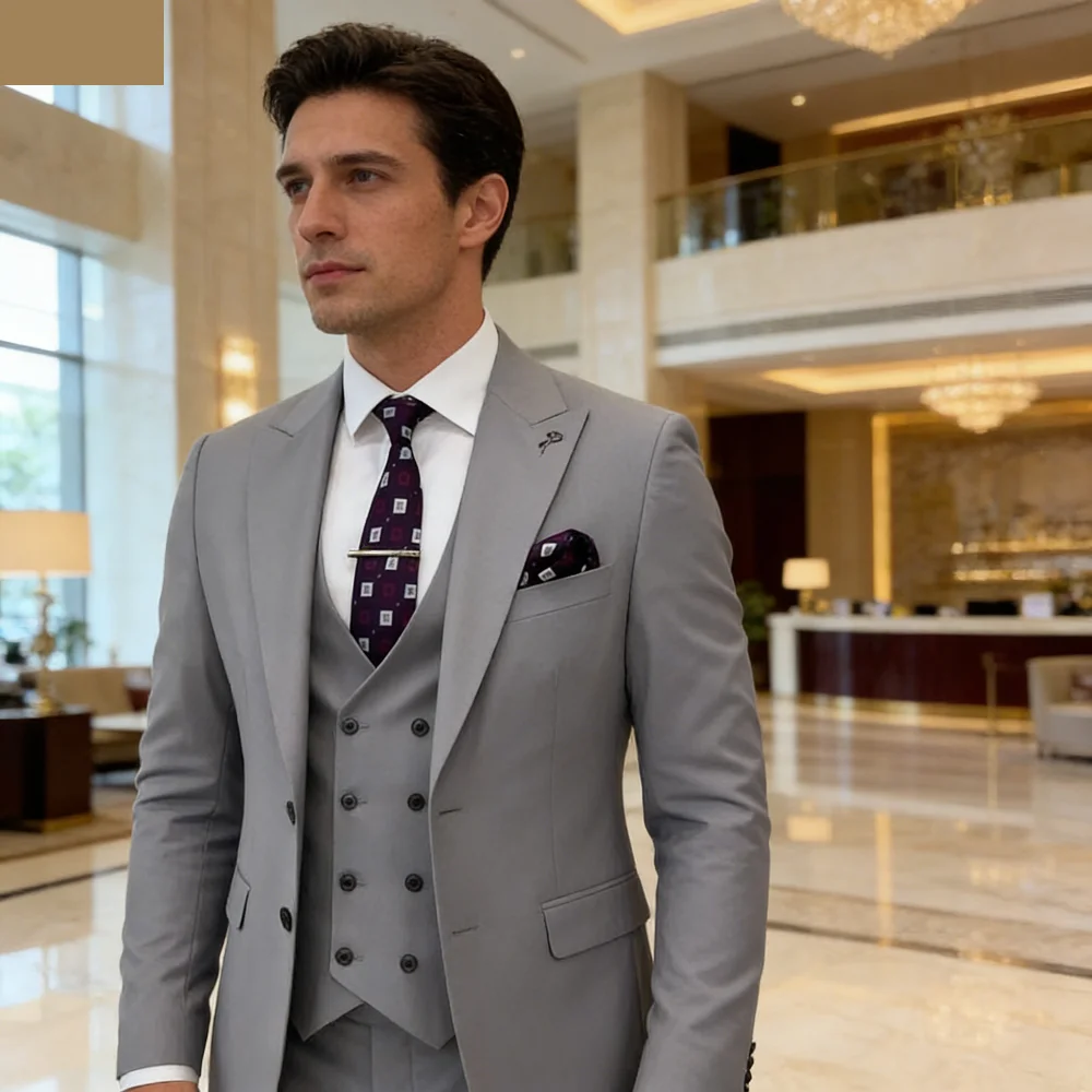 

Elegant Pink Suit for Men Peak Lapel 3piece Blazer Vest and Pant Set Groom Tuxedo Suits for Men Wedding Dresses Business Banquet