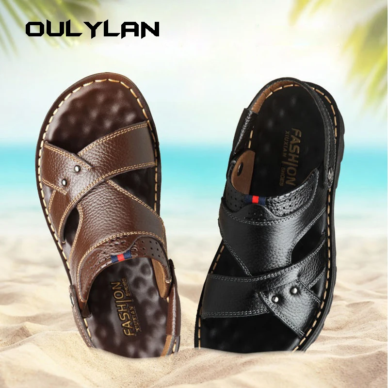 Men\'s Sandals Fashion Cowhide Casual Sandals Non Slip Beach Shoes for Men Summer Slippers 2024 New Flat Sandals Sandals