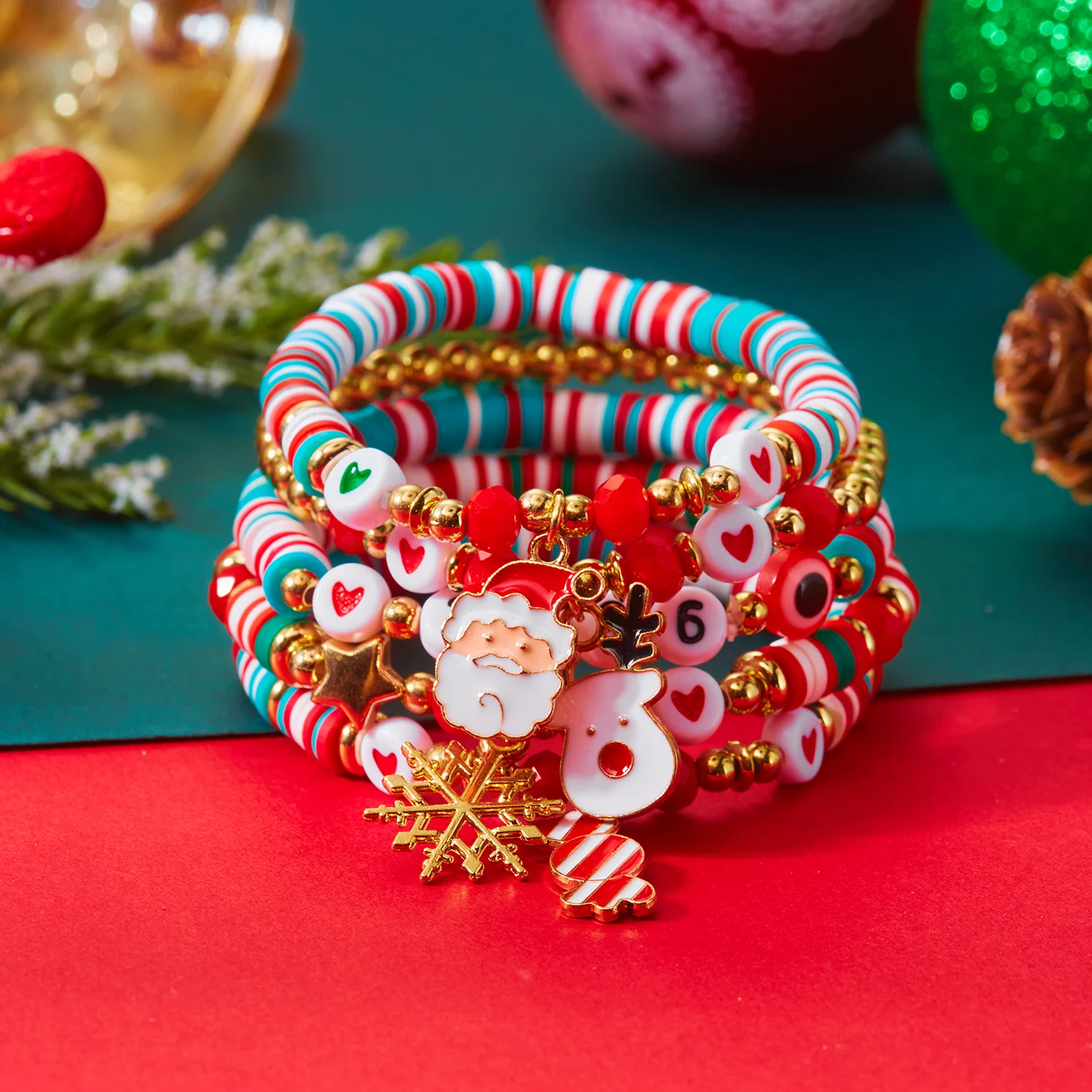

Christmas Snowflake Deer Snowman Handmade Polymer Clay Bracelet for Women Cute Festive Xmas Bracelets Set New Year Jewelry Gift